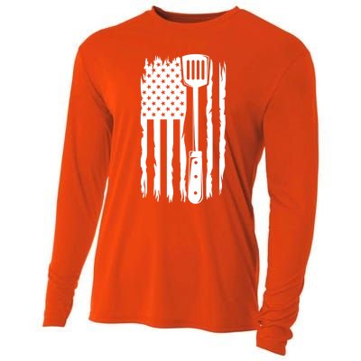 Funny Bbq Us Flag American Chef Grillfather Barbecue Grillin Gift Cooling Performance Long Sleeve Crew