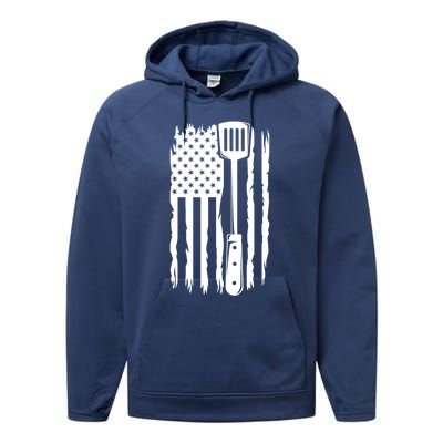 Funny Bbq Us Flag American Chef Grillfather Barbecue Grillin Gift Performance Fleece Hoodie