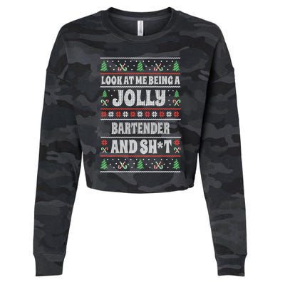 Funny Bartender Ugly Christmas Design Xmas Themed Gift Cropped Pullover Crew