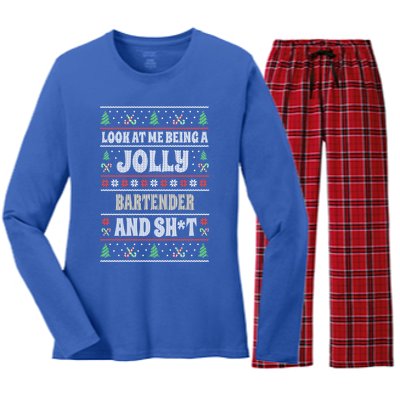 Funny Bartender Ugly Christmas Design Xmas Themed Gift Women's Long Sleeve Flannel Pajama Set 