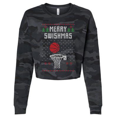 Funny Basketball Ugly Christmas Sweater Gift Merry Swishmas Cropped Pullover Crew