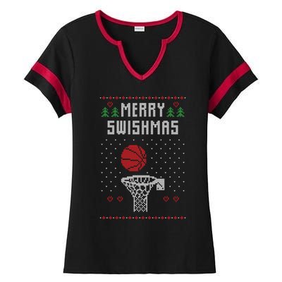 Funny Basketball Ugly Christmas Sweater Gift Merry Swishmas Ladies Halftime Notch Neck Tee