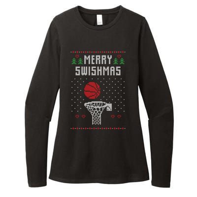 Funny Basketball Ugly Christmas Sweater Gift Merry Swishmas Womens CVC Long Sleeve Shirt