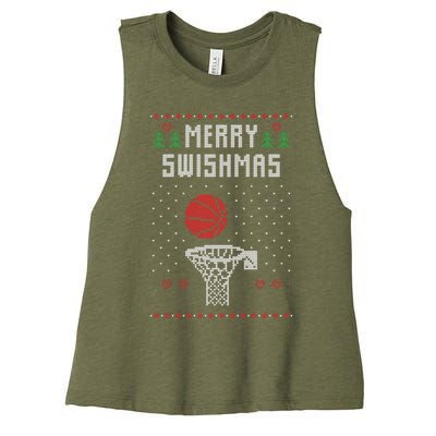 Funny Basketball Ugly Christmas Sweater Gift Merry Swishmas Women's Racerback Cropped Tank