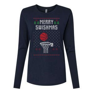 Funny Basketball Ugly Christmas Sweater Gift Merry Swishmas Womens Cotton Relaxed Long Sleeve T-Shirt