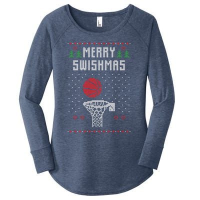 Funny Basketball Ugly Christmas Sweater Gift Merry Swishmas Women's Perfect Tri Tunic Long Sleeve Shirt