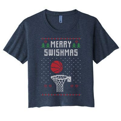 Funny Basketball Ugly Christmas Sweater Gift Merry Swishmas Women's Crop Top Tee