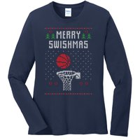 Funny Basketball Ugly Christmas Sweater Gift Merry Swishmas Ladies Long Sleeve Shirt