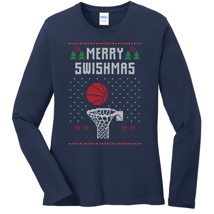 Funny Basketball Ugly Christmas Sweater Gift Merry Swishmas Ladies Long Sleeve Shirt