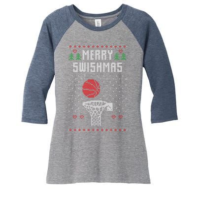 Funny Basketball Ugly Christmas Sweater Gift Merry Swishmas Women's Tri-Blend 3/4-Sleeve Raglan Shirt