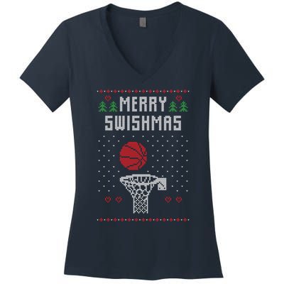 Funny Basketball Ugly Christmas Sweater Gift Merry Swishmas Women's V-Neck T-Shirt