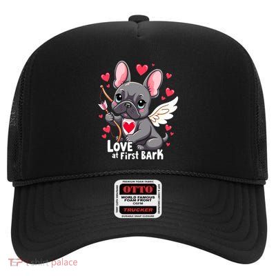 French Bulldog ValentineS Day Cupid Love At First Bark Cute Gift High Crown Mesh Back Trucker Hat