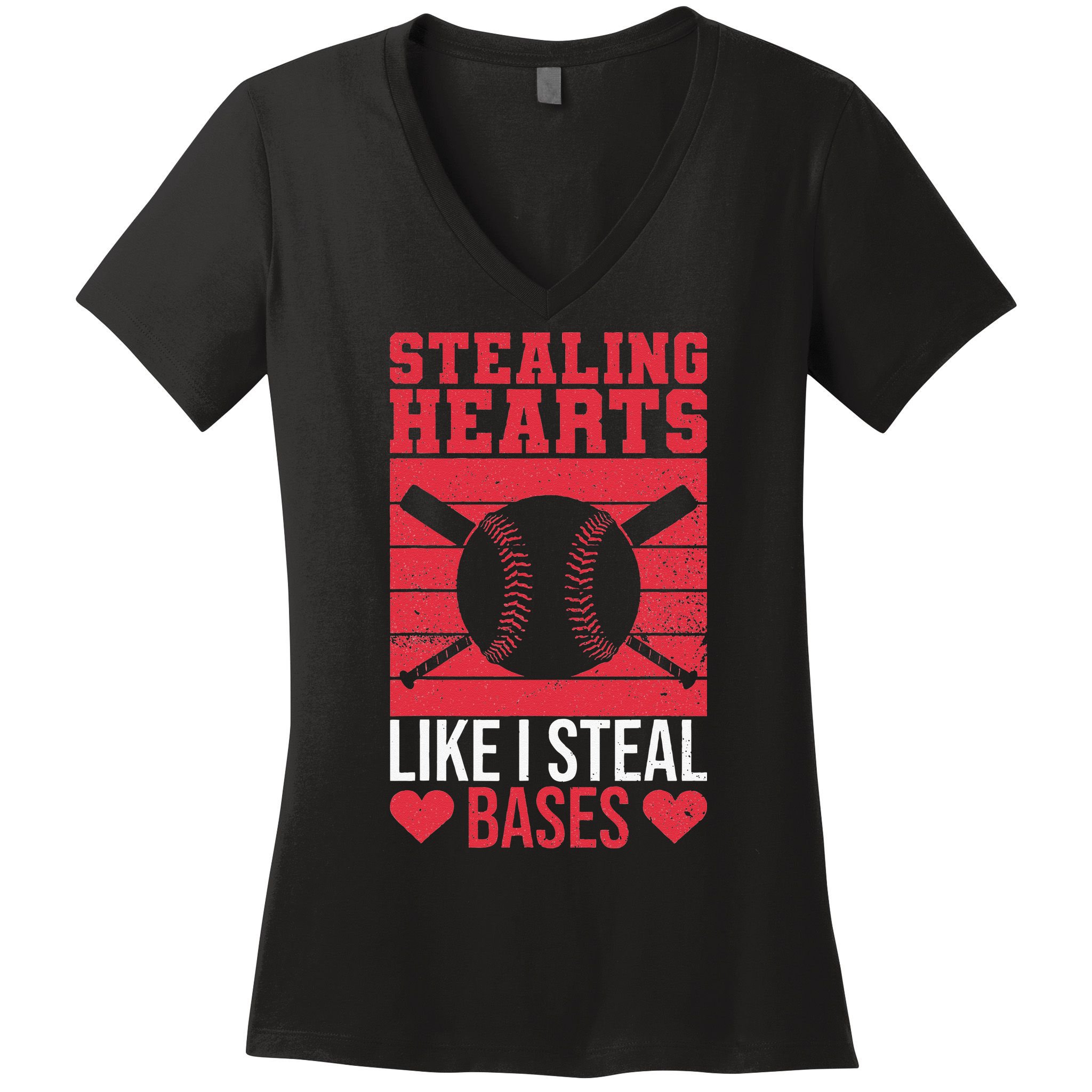 Funny Baseball Valentines Stealing Hearts Like I Steal Bases Women's V-Neck T-Shirt