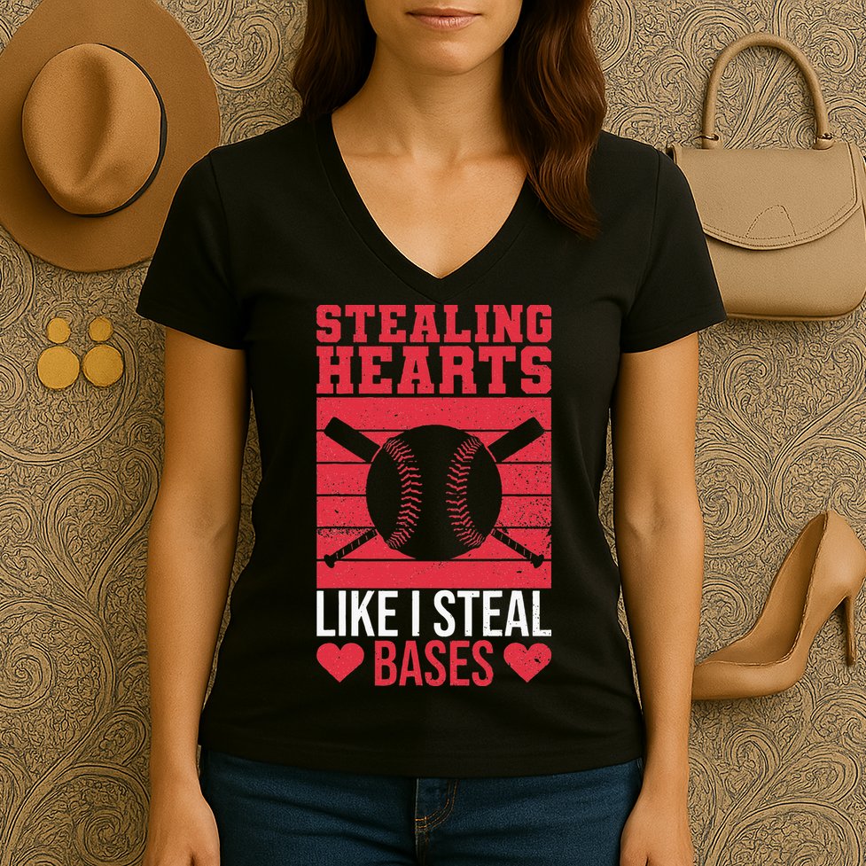 Funny Baseball Valentines Stealing Hearts Like I Steal Bases Women's V-Neck T-Shirt