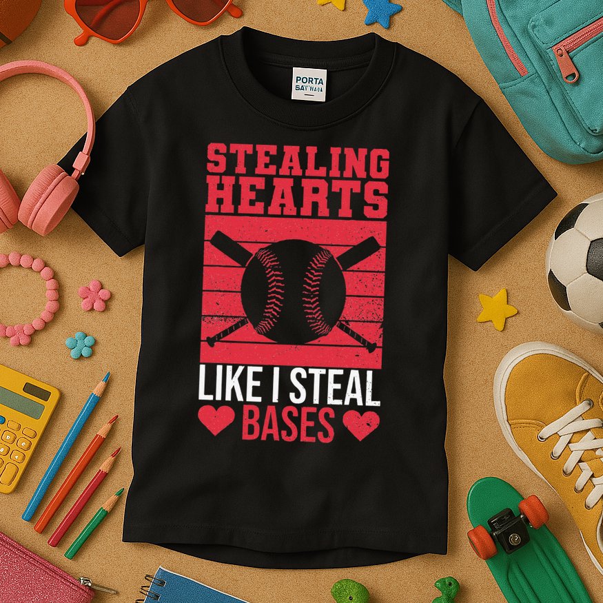 Funny Baseball Valentines Stealing Hearts Like I Steal Bases Kids T-Shirt