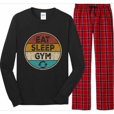 Funny Bodybuilder Workout Vintage Cute Gift Eat Sleep Gym Repeat Gift Long Sleeve Pajama Set