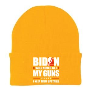 Funny Biden Will Never Get My Guns I Keep Them Upstairs Cute Gift Knit Cap Winter Beanie