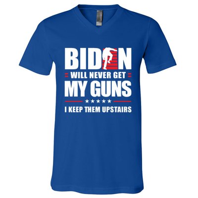 Funny Biden Will Never Get My Guns I Keep Them Upstairs Cute Gift V-Neck T-Shirt