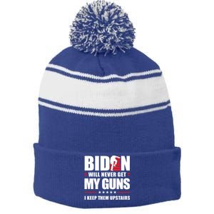 Funny Biden Will Never Get My Guns I Keep Them Upstairs Cute Gift Stripe Pom Pom Beanie