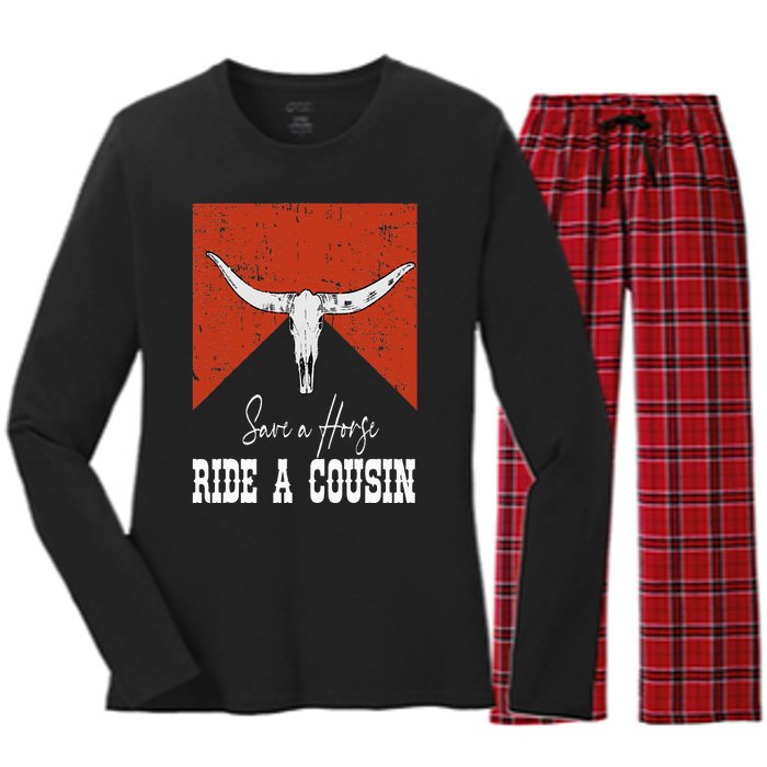 Funny Bull Western Save A Horse Ride A Cousin Women's Long Sleeve Flannel Pajama Set 