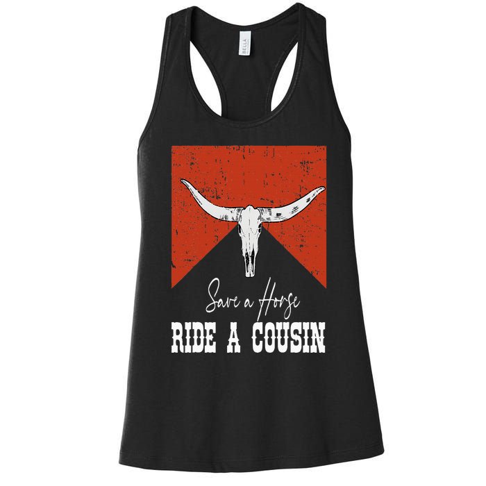 Funny Bull Western Save A Horse Ride A Cousin Women's Racerback Tank