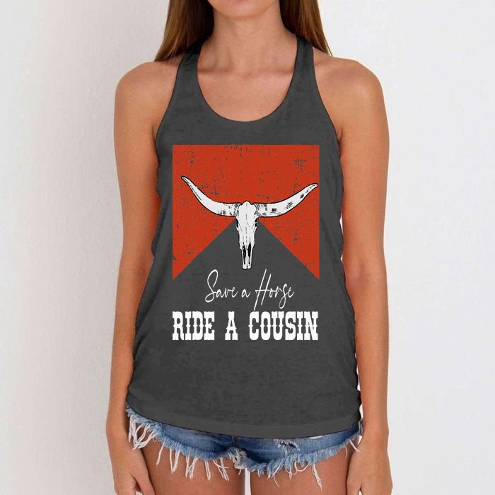 Funny Bull Western Save A Horse Ride A Cousin Women's Knotted Racerback Tank