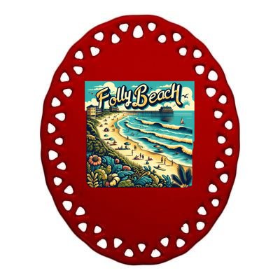 Folly Beach Watercolor Fun Summer Ceramic Oval Ornament