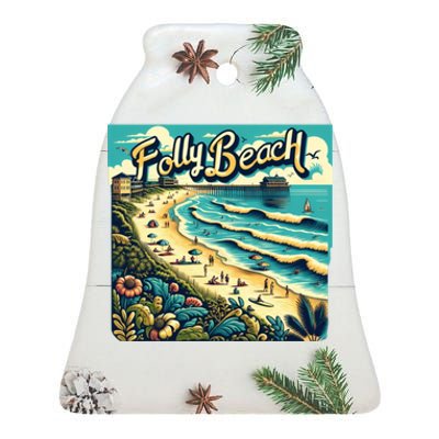 Folly Beach Watercolor Fun Summer Ceramic Bell Ornament