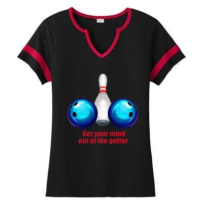 Funny Bowling Women Mind Out Of The Gutter Ladies Halftime Notch Neck Tee