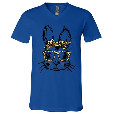 Funny Bunny Wearing Glasses Leopard Happy Easter Day Gift V-Neck T-Shirt