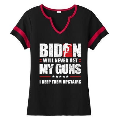 Funny Biden Will Never Get My Guns I Keep Them Upstairs Ladies Halftime Notch Neck Tee