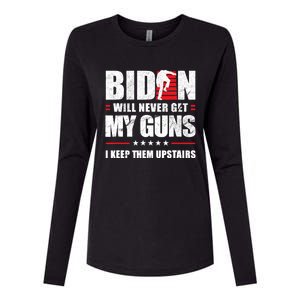 Funny Biden Will Never Get My Guns I Keep Them Upstairs Womens Cotton Relaxed Long Sleeve T-Shirt