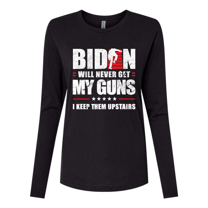 Funny Biden Will Never Get My Guns I Keep Them Upstairs Womens Cotton Relaxed Long Sleeve T-Shirt