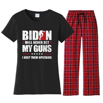 Funny Biden Will Never Get My Guns I Keep Them Upstairs Women's Flannel Pajama Set