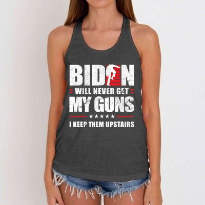 Funny Biden Will Never Get My Guns I Keep Them Upstairs Women's Knotted Racerback Tank