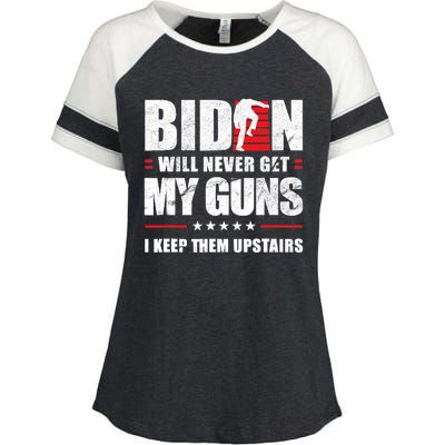 Funny Biden Will Never Get My Guns I Keep Them Upstairs Enza Ladies Jersey Colorblock Tee