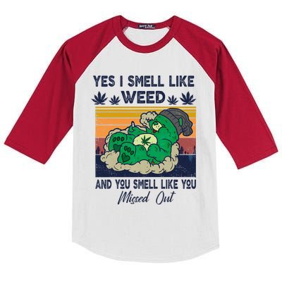 Funny Bear Weed Marijuana 420 Smoker Yes I Smell Like Weed Kids Colorblock Raglan Jersey