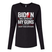 Funny Biden Will Never Get My Guns I Keep Them Upstairs Womens Cotton Relaxed Long Sleeve T-Shirt