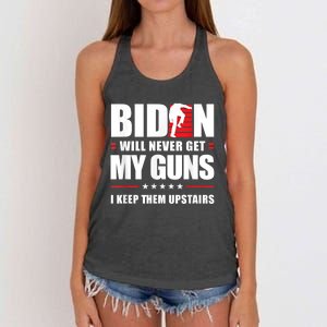 Funny Biden Will Never Get My Guns I Keep Them Upstairs Women's Knotted Racerback Tank