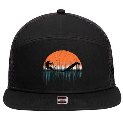 Funny Bigfoot Water Skiing With Loch Ness Monster Bigfoot 7 Panel Mesh Trucker Snapback Hat