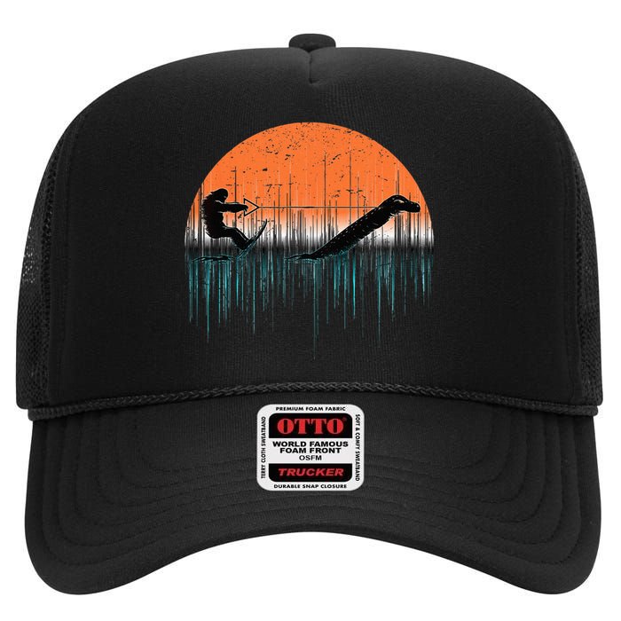 Funny Bigfoot Water Skiing With Loch Ness Monster Bigfoot High Crown Mesh Back Trucker Hat