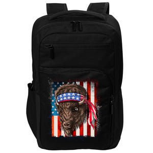 Funny Buffalo With American USA Flag Bandana Impact Tech Backpack