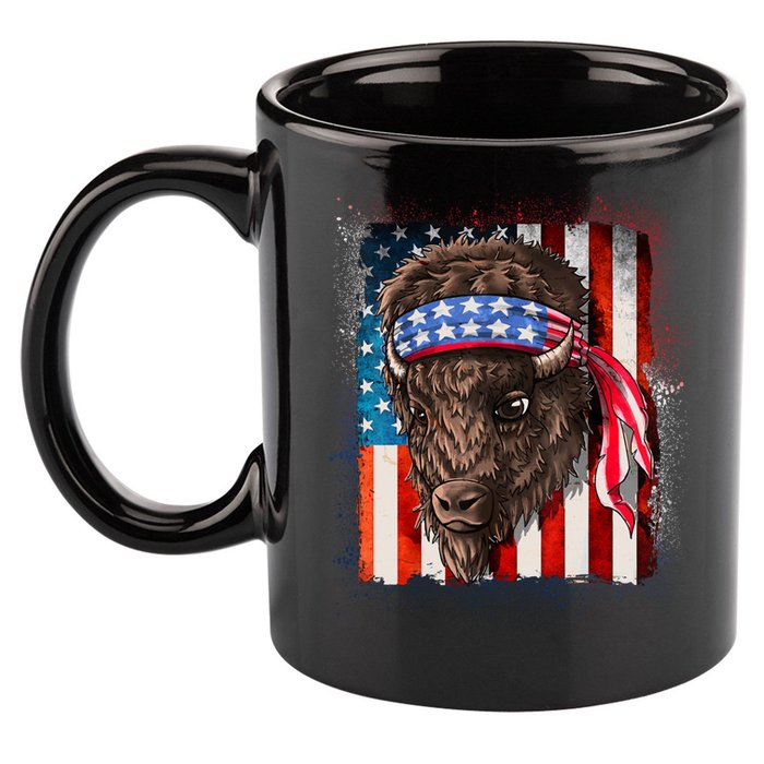 Funny Buffalo With American USA Flag Bandana 11oz C Handle Ceramic Mug