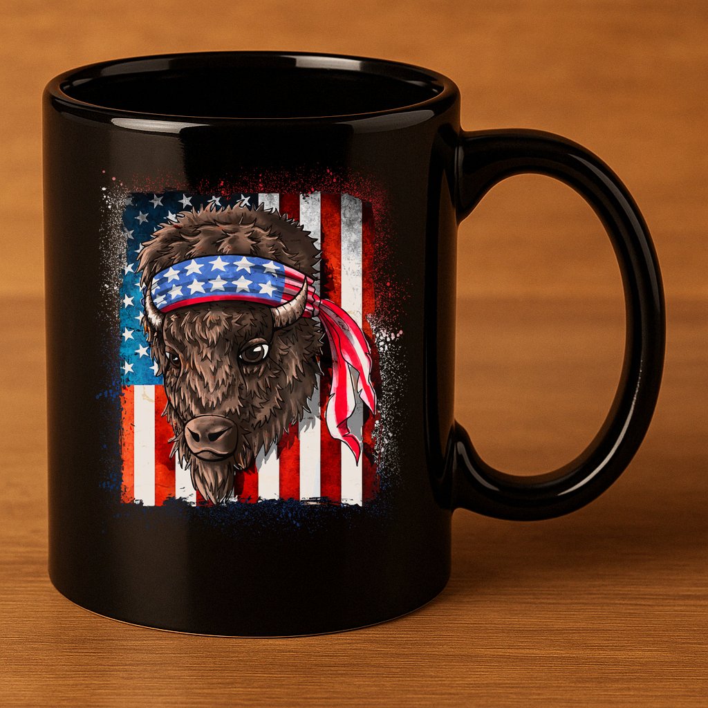 Funny Buffalo With American USA Flag Bandana 11oz C Handle Ceramic Mug