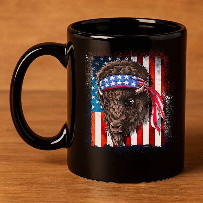 Funny Buffalo With American USA Flag Bandana 11oz C Handle Ceramic Mug