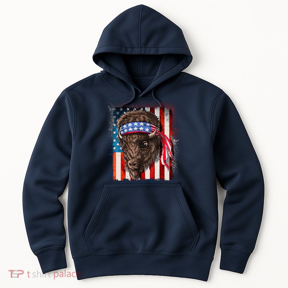 Funny Buffalo With American USA Flag Bandana Hoodie