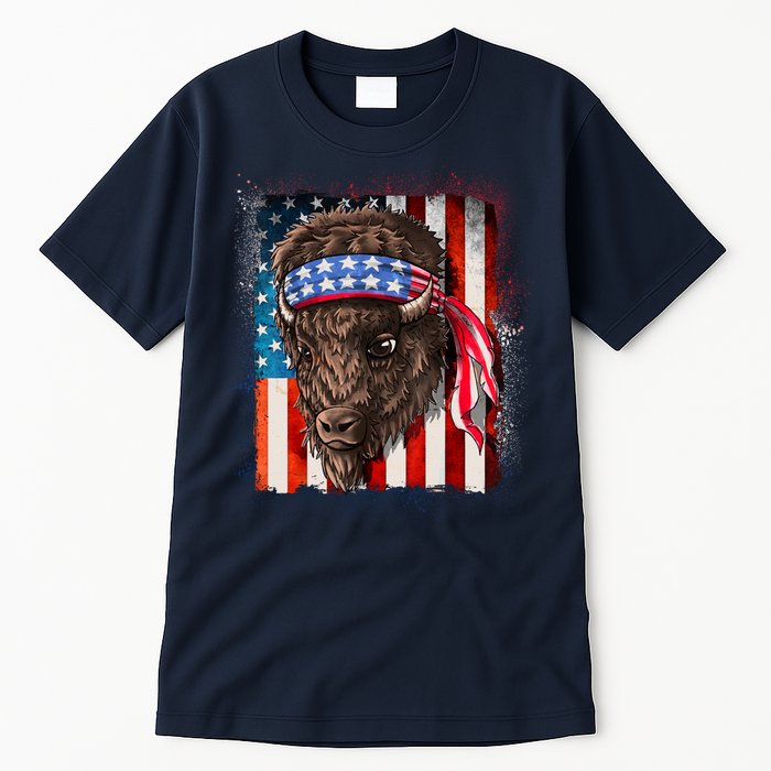 Funny Buffalo With American USA Flag Bandana Tall T-Shirt