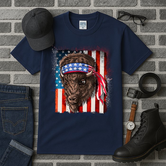 Funny Buffalo With American USA Flag Bandana Tall T-Shirt