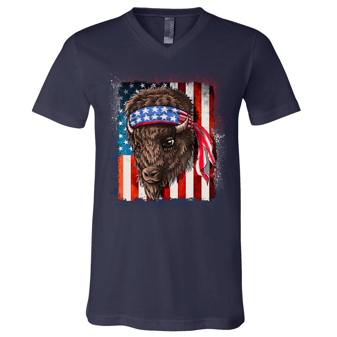 Funny Buffalo With American USA Flag Bandana V-Neck T-Shirt