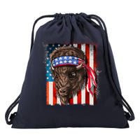 Funny Buffalo With American USA Flag Bandana Drawstring Bag